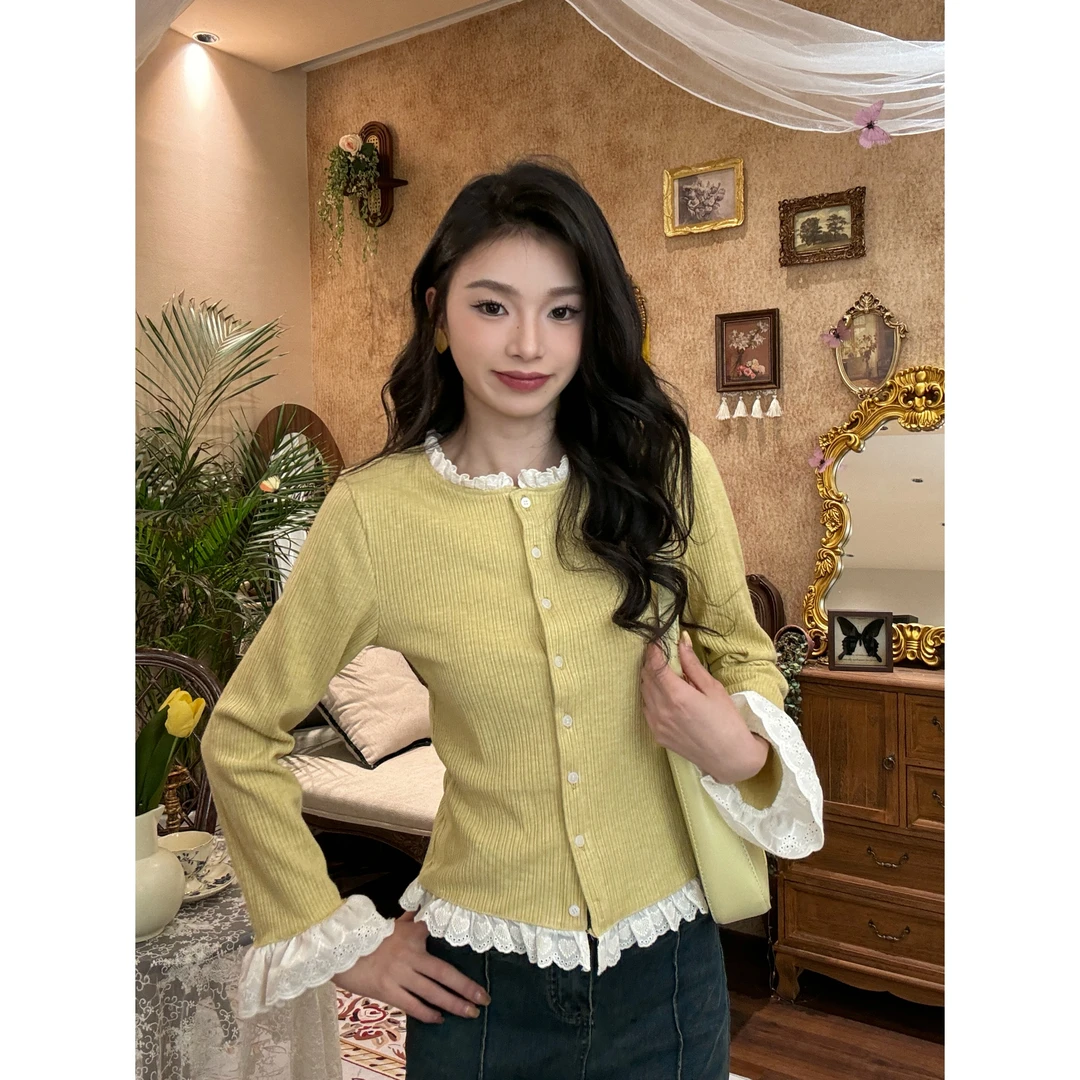 【可可豆】秋冬新款设计感独特绝美显瘦拼接蕾丝开衫针织衫#1172