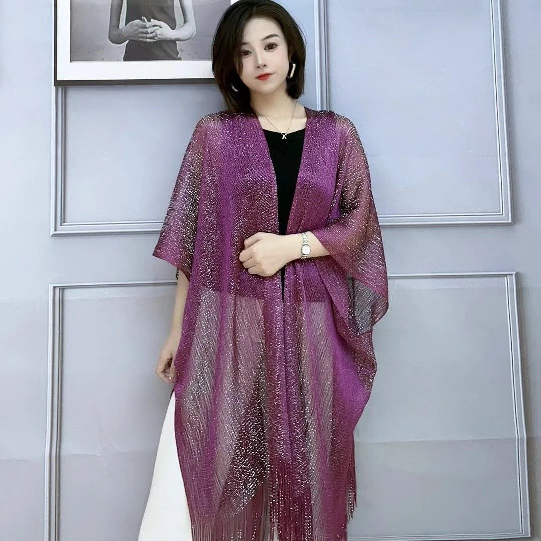 新款亮丝流苏旗袍披肩女多功能夏季防晒流苏斗篷披肩空调房护肩颈