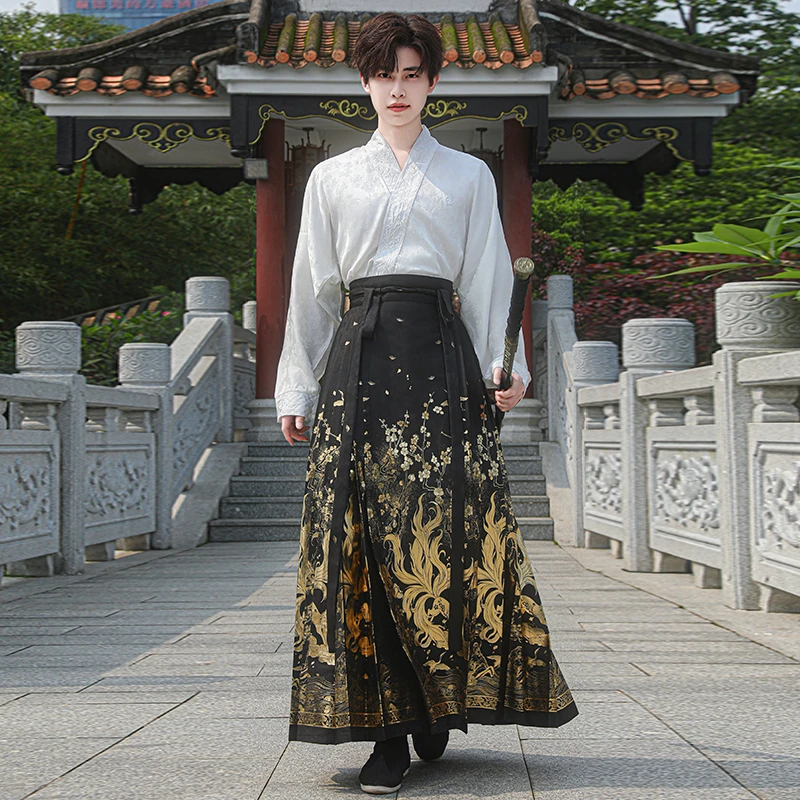 新款夏季汉服男新中式国风刺绣提花飞机袖轻薄透气上衣烫金马面裙