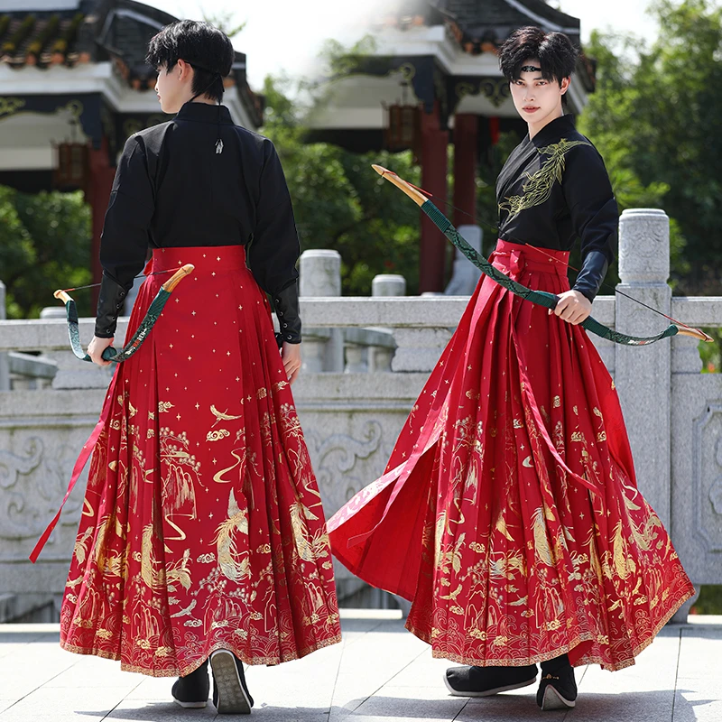 新款原创男中国风汉元素刺绣交领古风烫金马面裙红色武侠风cp套装