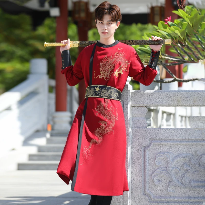 新款汉服唐制中国风红色圆领袍霸气武侠风男士古风演出服侍卫服装