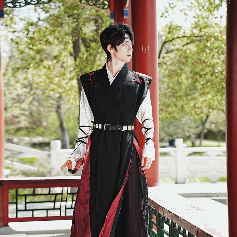 原创新中式交领长衫唐褙子男款汉服武侠风古装帅气黑红大码表演服