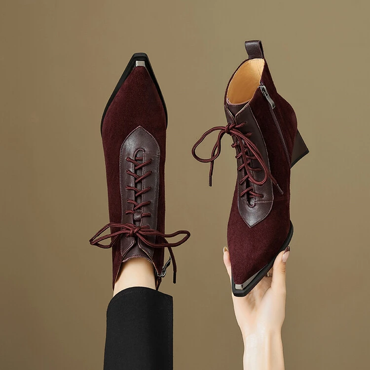 里外纯皮～羊皮6.5cm尖头复古显瘦短靴气质高跟粗跟女瘦瘦靴时装靴