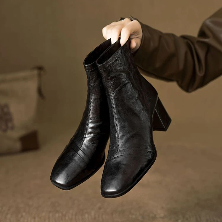 里外纯皮～羊皮6.5cm高跟方头复古气质短靴显瘦秋冬粗跟时装靴短筒