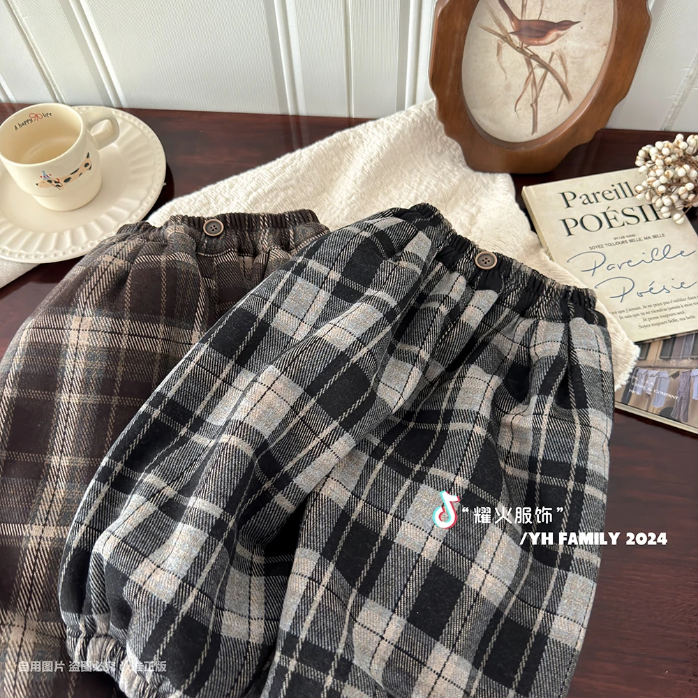 冬季厚绒儿童格子尼保暖洋气男女潮童儿童裤 HCK-8807格子加绒裤