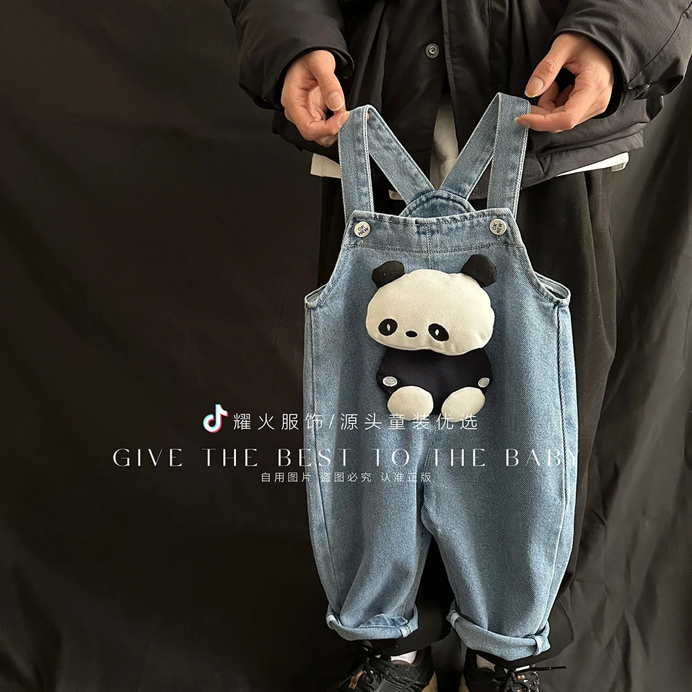 春新潮童INS风韩版宝宝休闲洋气牛仔背带裤 HCB-01熊猫牛仔背带裤