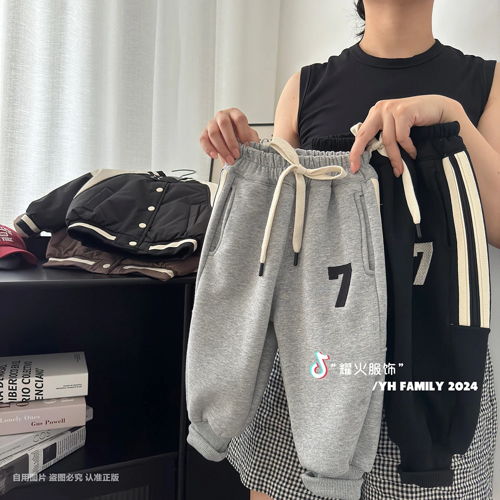 TKK-023数字7休闲长裤  冬加绒男女童新款韩版潮童可爱洋气卫裤