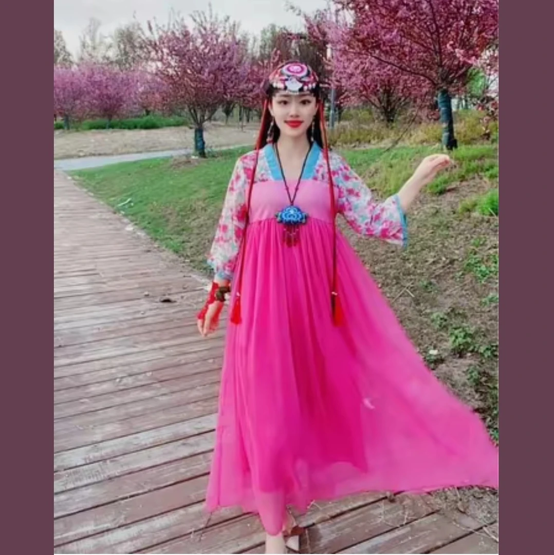 潮妈新款民族风连衣裙中国风长裙改良汉服大摆裙洋气大码女装