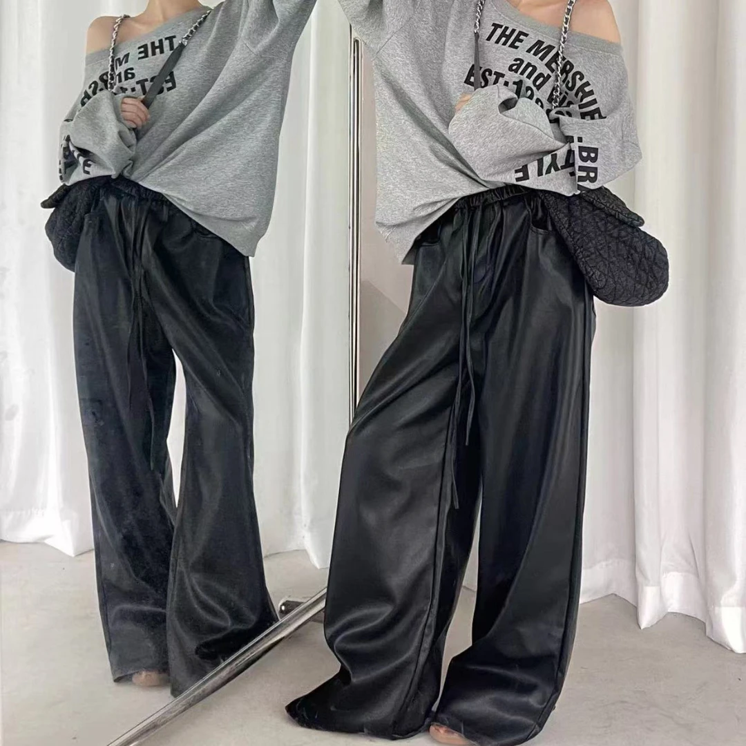 TEEINXX休闲百搭美式复古松紧腰宽松直筒皮裤VK366