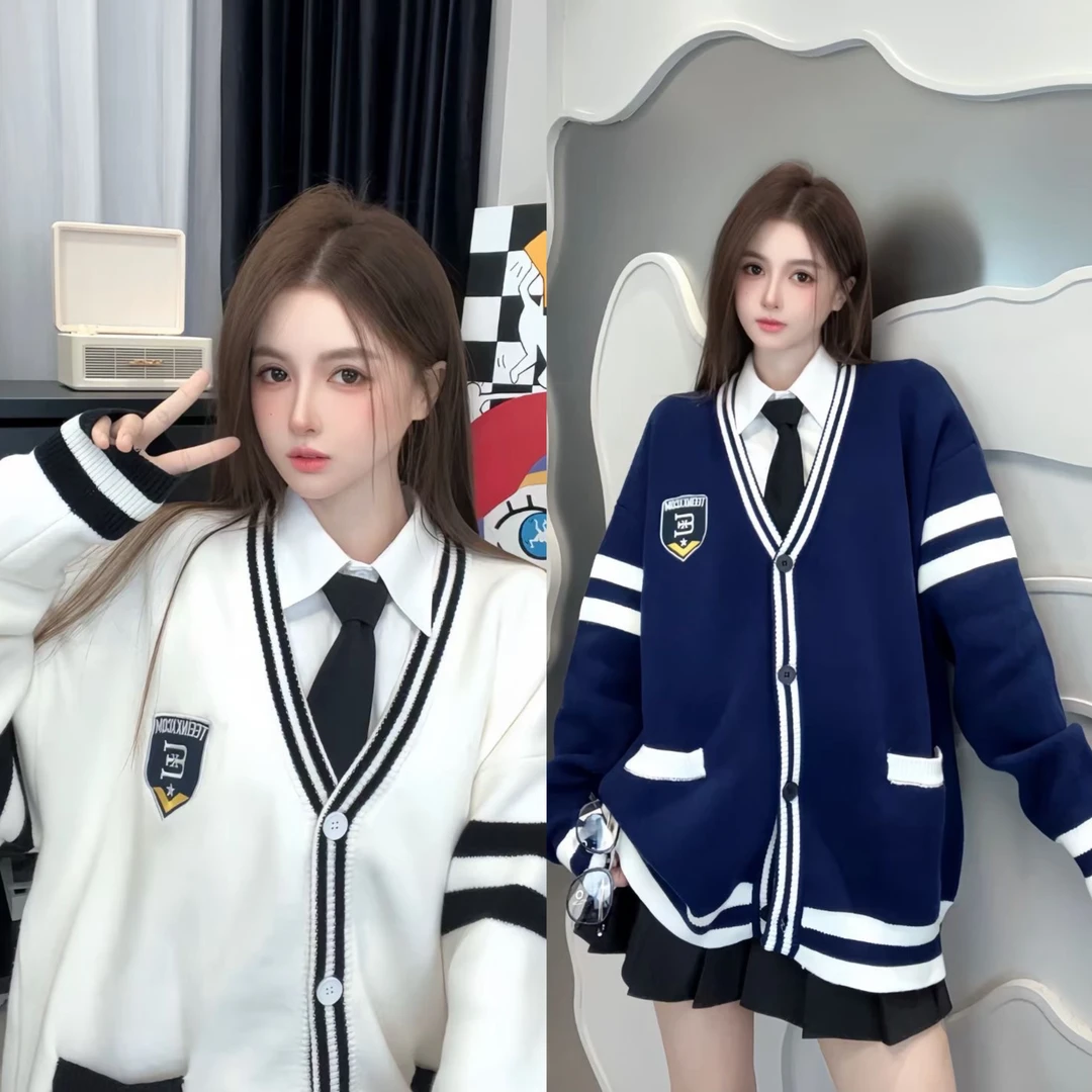 TEEINXX休闲百搭美式复古学院风刺绣毛针织开衫VK395