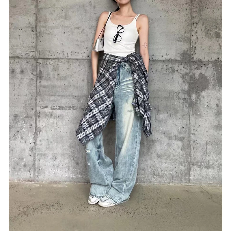TEEINXX复古水洗高腰破洞设计牛仔裤辣妹时尚百搭夏季外穿VK310