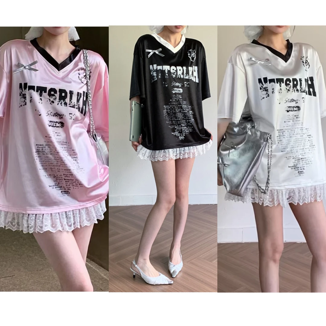 TEEINXX夏季宽松V领喷画时尚休闲蕾丝拼接短袖NZ048