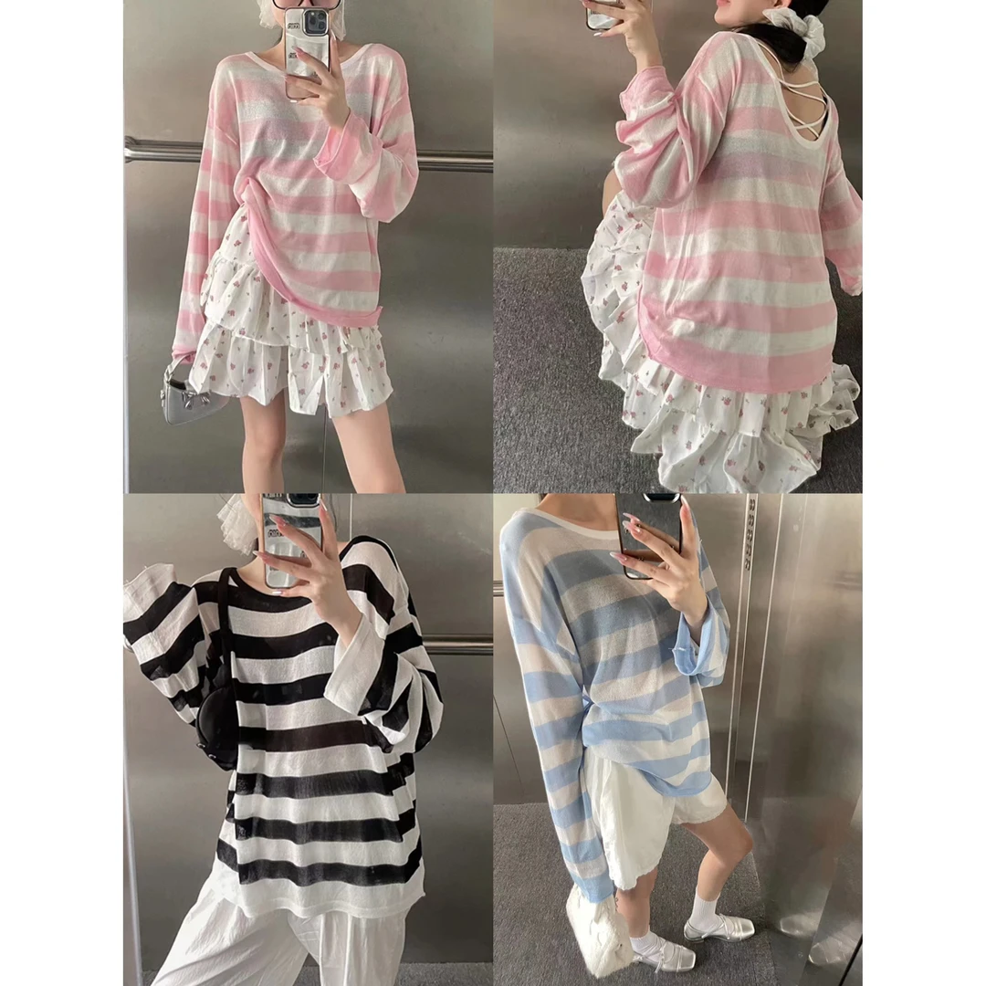 【TEEINXX专属】条纹交叉露背长袖T恤VK166