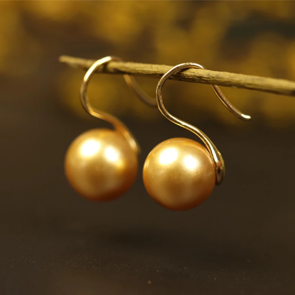 925银仿珍珠耳饰 12mm浓金色高跟鞋耳钩E036