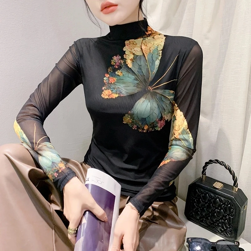 2024秋冬新款高领长袖网纱印花t恤女时尚修身打底衫潮