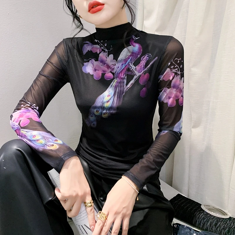 【自由鸟专属】2024秋装新款高领长袖网纱定位印花t恤打底衫