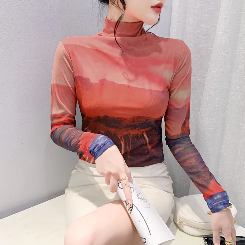 长袖t恤2024秋新款印花网纱薄款内搭上衣休闲高领