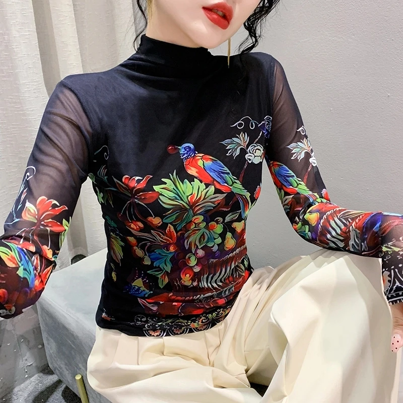 【自由鸟专属】欧货女装2024秋冬时尚洋气长袖高领网纱t恤女上衣