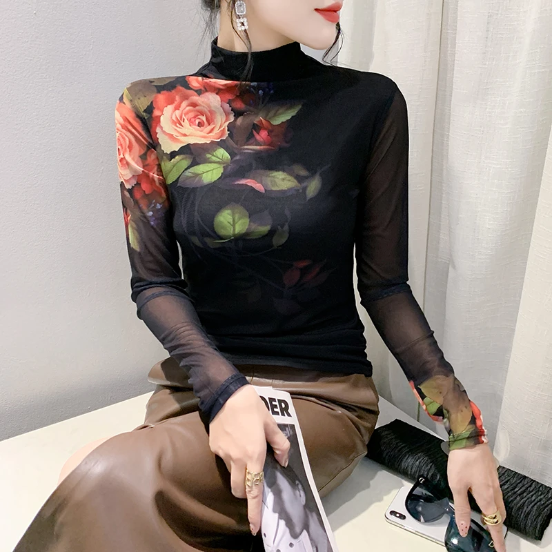 欧货女装2024秋冬时尚洋气长袖高领网纱t恤女定位花上衣