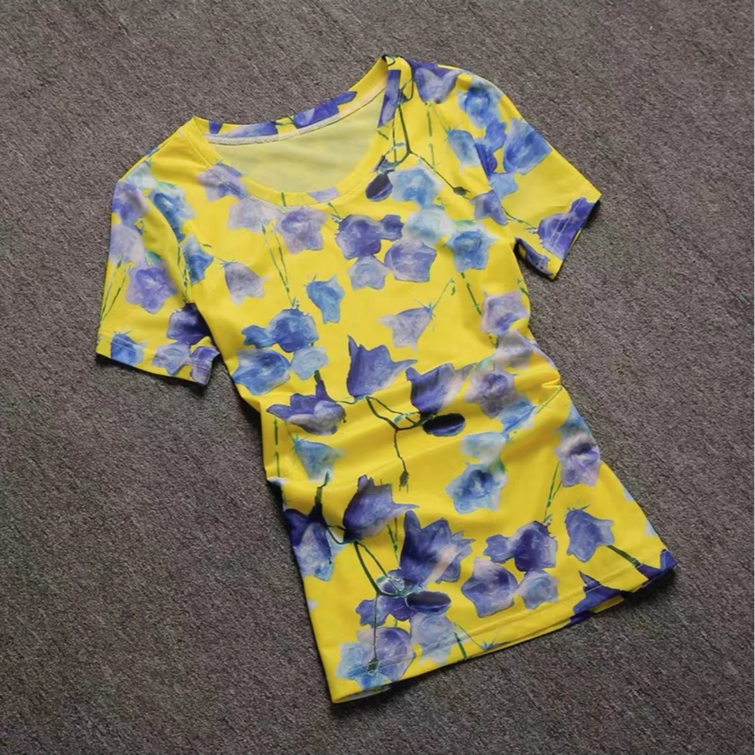 【蝶恋花专属】夏季新款印花打底衫网纱上衣女修身外穿内搭T恤圆领