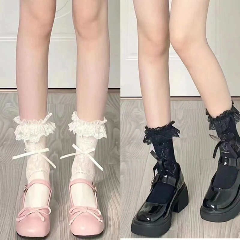 洛丽塔袜子女夏季薄款蕾丝花边lolita芭蕾风蝴蝶结堆堆袜y2k中筒