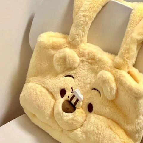 小熊毛绒绒包包女2025新款黄色大容量托特包大学生上课通勤单肩包