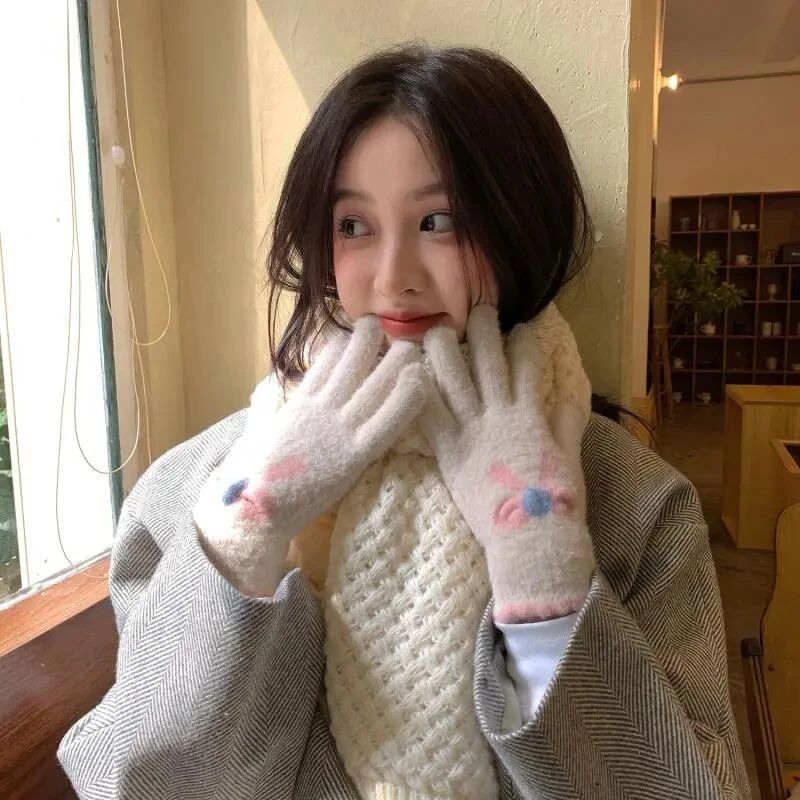 可爱蝴蝶结分指手套秋冬新款保暖骑行可触屏少女针织毛线手套学生