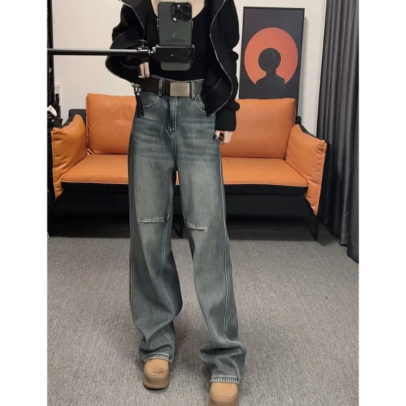 Aimeerosa/艾洛莎牛仔裤高腰百搭显瘦长裤冬季高级时尚帅气阔腿裤