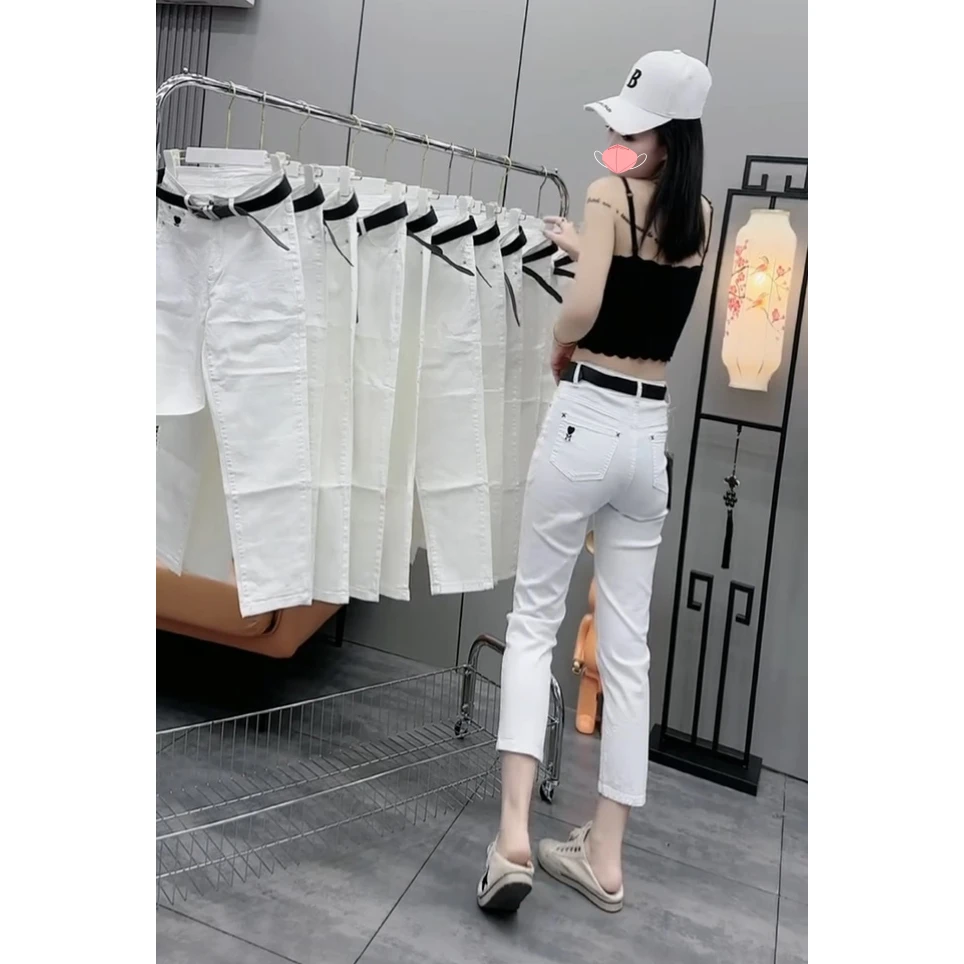 Aimeerosa/艾洛莎白色哈伦牛仔裤小个子夏新款休闲高腰八分老爹裤