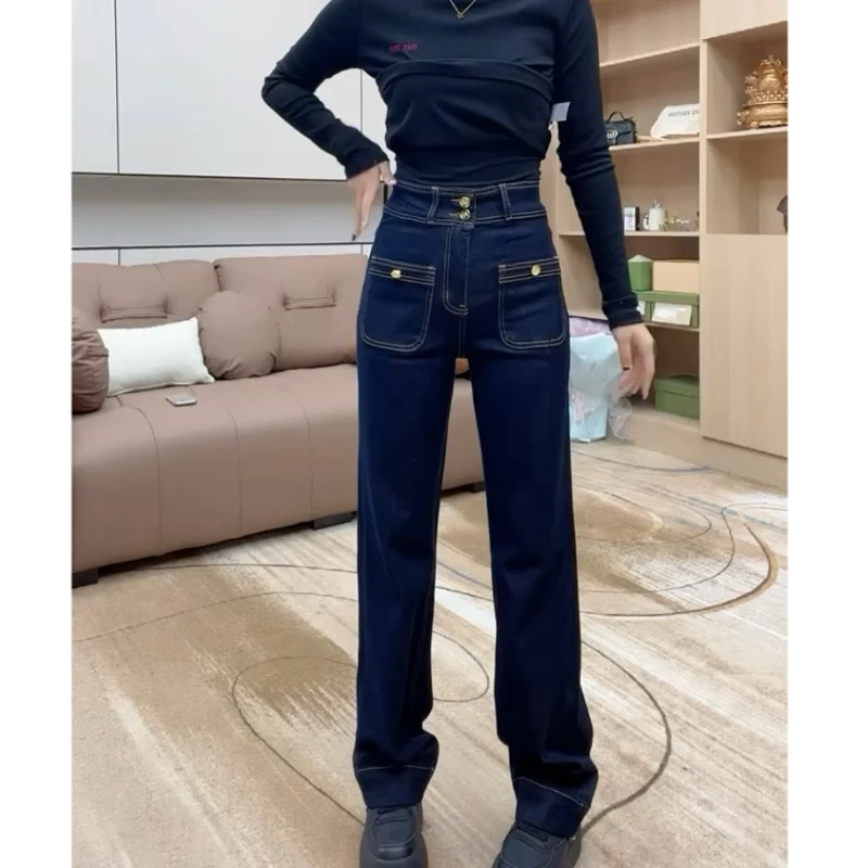 Aimeerosa/艾洛莎牛仔裤高腰显高显瘦长裤秋季时尚帅气百搭直筒裤