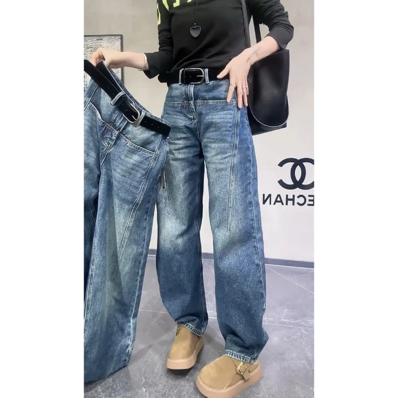 Aimeerosa/艾洛莎牛仔裤高腰显瘦长裤冬季欧货时尚百搭帅气弯刀裤