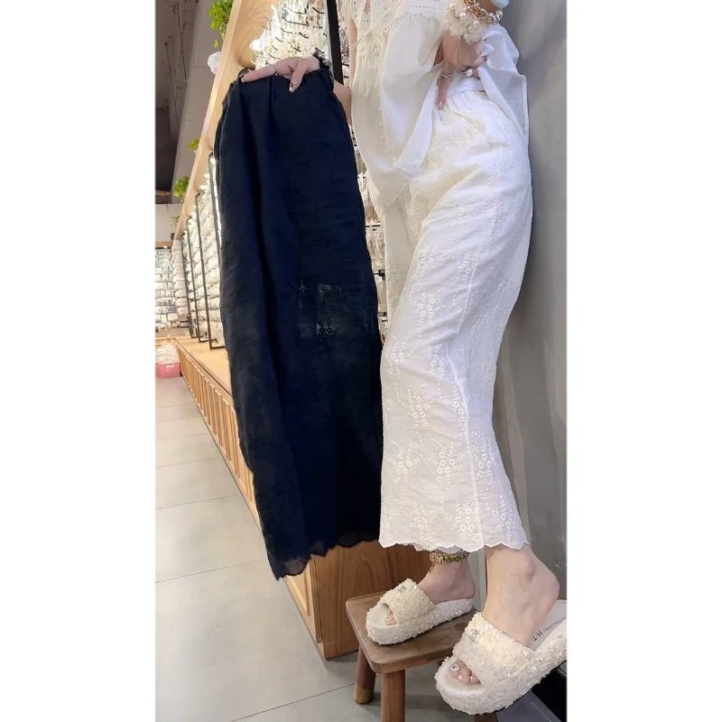 Aimeerosa/艾洛莎休闲裤子薄款蕾丝钩花镂空2024新款九分直筒爆款