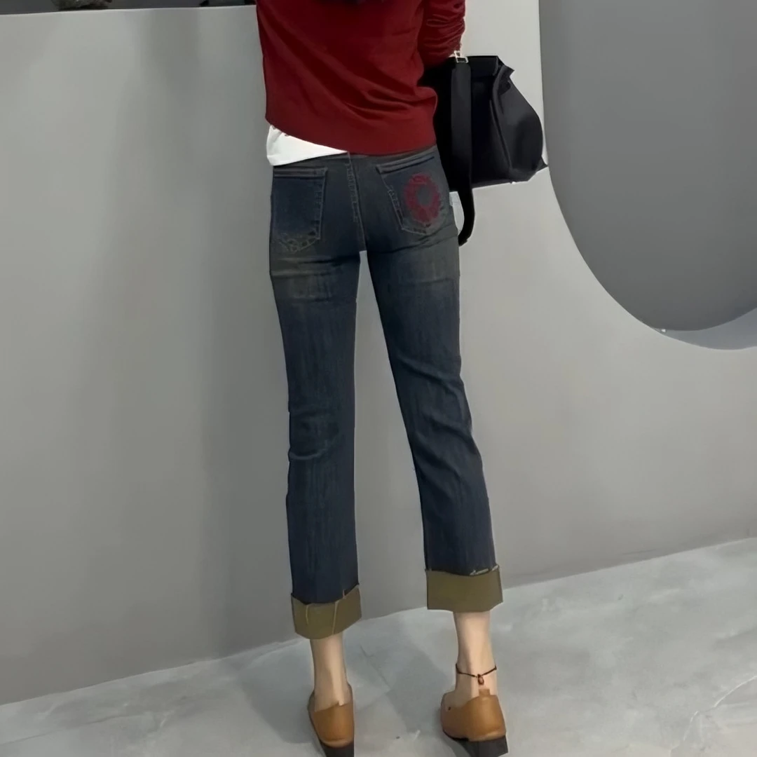 梨型身材大码复古烟管牛仔裤女2024春季新款宽松显瘦九分直筒裤子