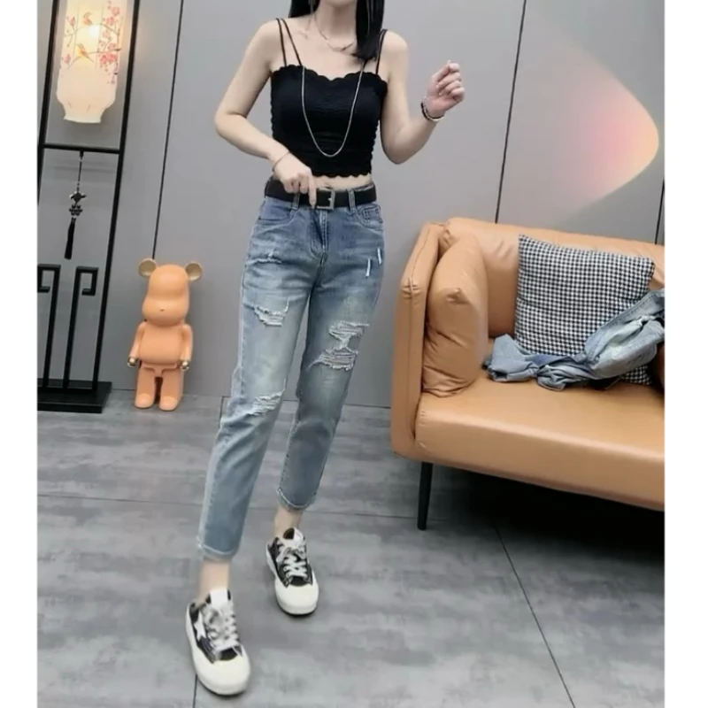 Aimeerosa/艾洛莎蓝色百搭牛仔裤烟管裤夏季薄款修身高腰破洞显瘦