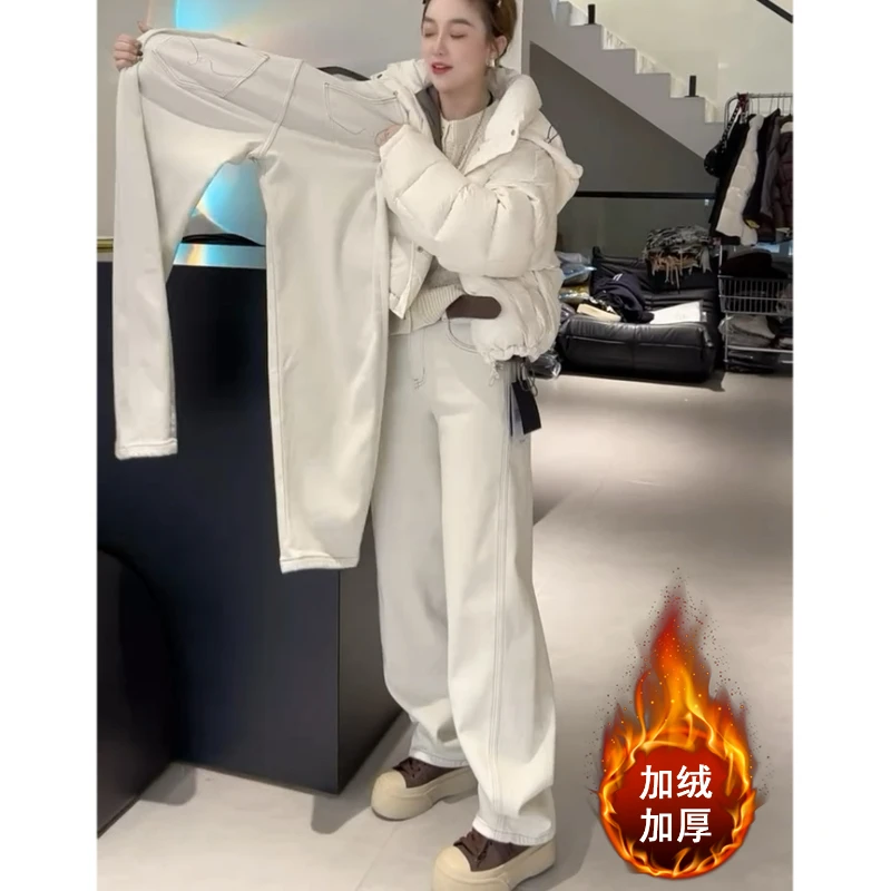 Aimeerosa/艾洛莎牛仔裤高腰加绒长裤冬季新款时尚百搭窄版拖地裤