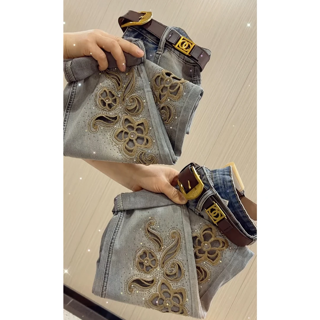 Aimeerosa/艾洛莎镂空时尚牛仔裤2024夏季百搭显瘦九分薄款哈伦裤