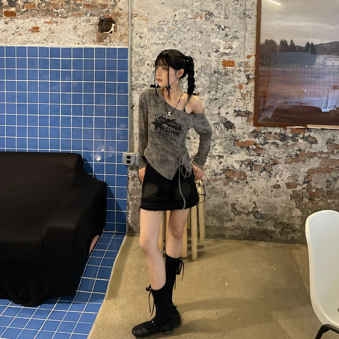 一颗木木 不规则抽绳斜肩长袖t恤女秋季美式辣妹性感一字肩上衣