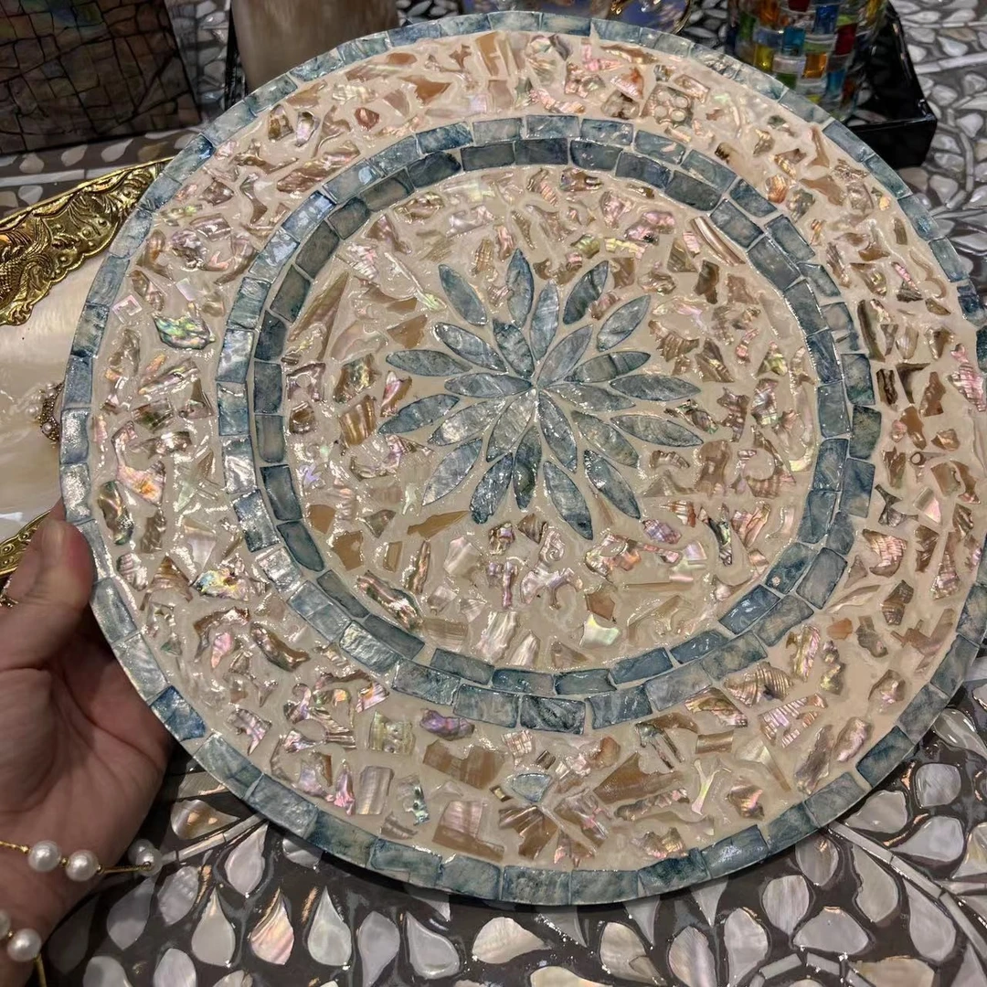 KA—轻奢蓝莲花餐垫贝壳镶嵌餐盘果盘直径33cm