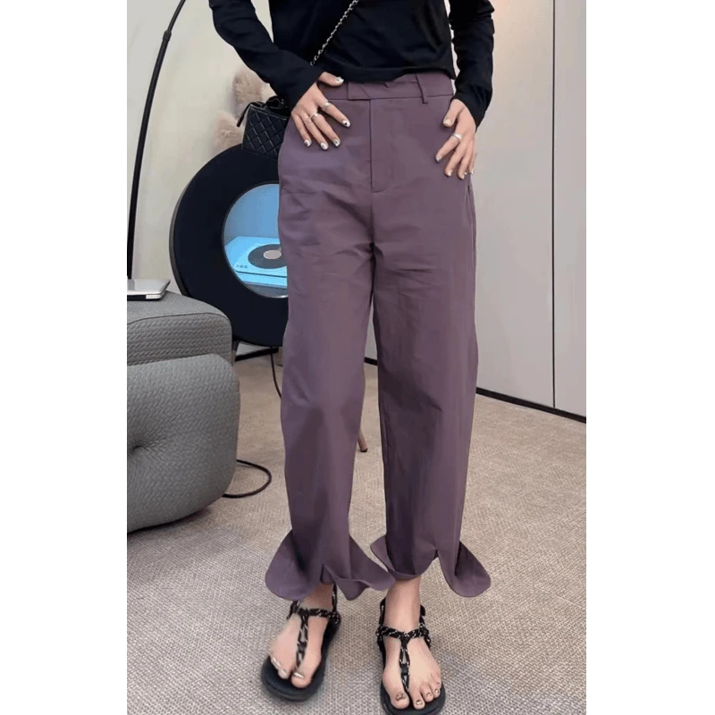 Aimeerosa/艾洛莎前开叉西装裤女春季大码高腰显瘦洋气哈伦九分裤