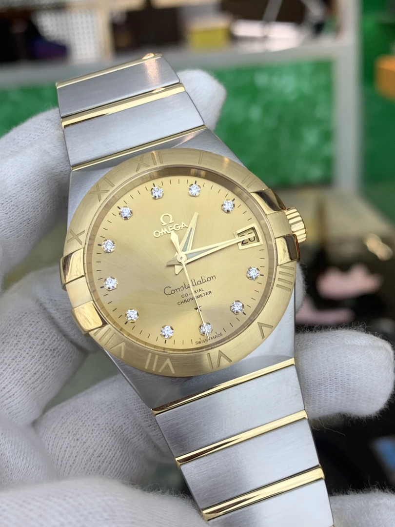 99新 Omega/欧米茄 星座系列/男表/38mm/金盘/钻刻/机械