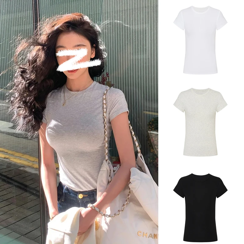 Moses Queen/魔西女王正肩短袖T恤修身收腰显瘦百搭纯色圆领上衣