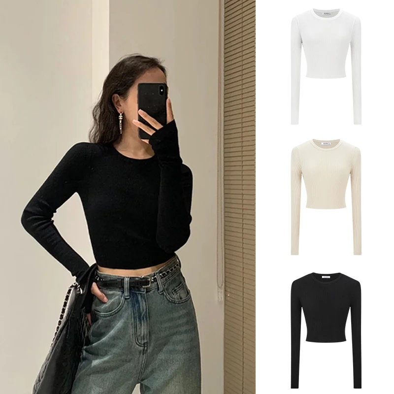 Moses Queen/魔西女王露脐短款针织上衣女指洞设计修身百搭打底衫