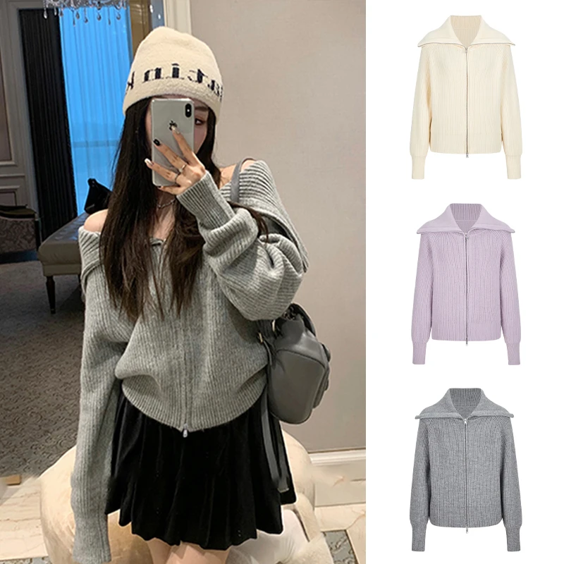 Moses Queen/魔西女王慵懒风小众针织开衫女秋冬双拉链立领外套