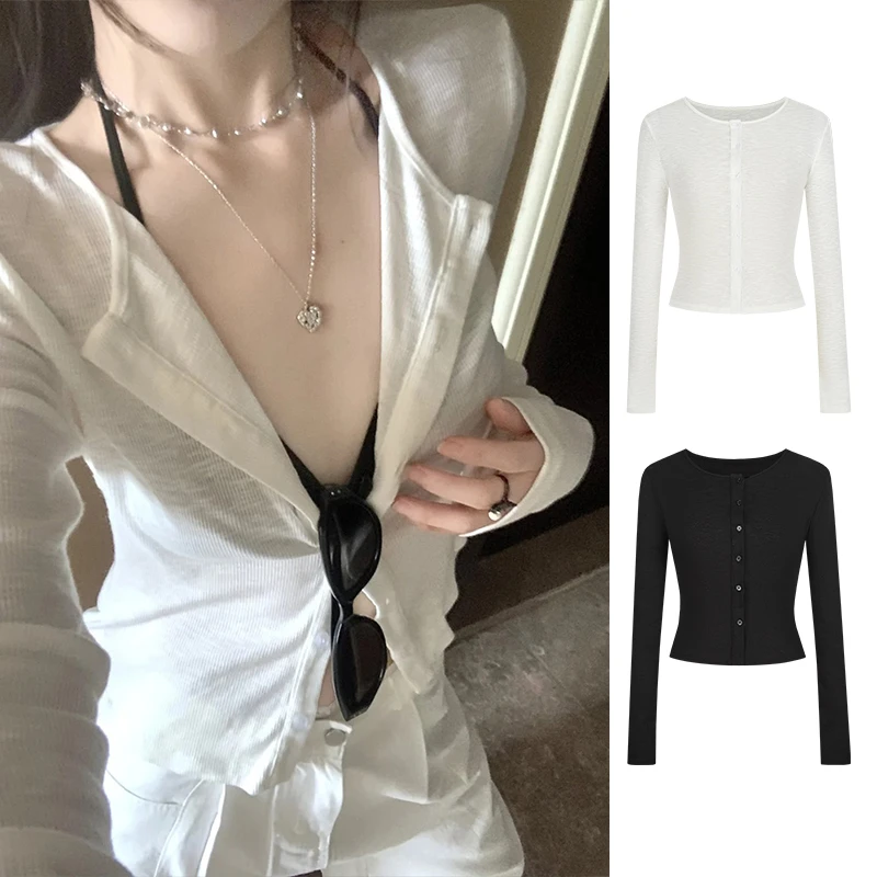 Moses Queen/魔西女王竹节棉微透长袖开衫女早秋薄款显高短款上衣