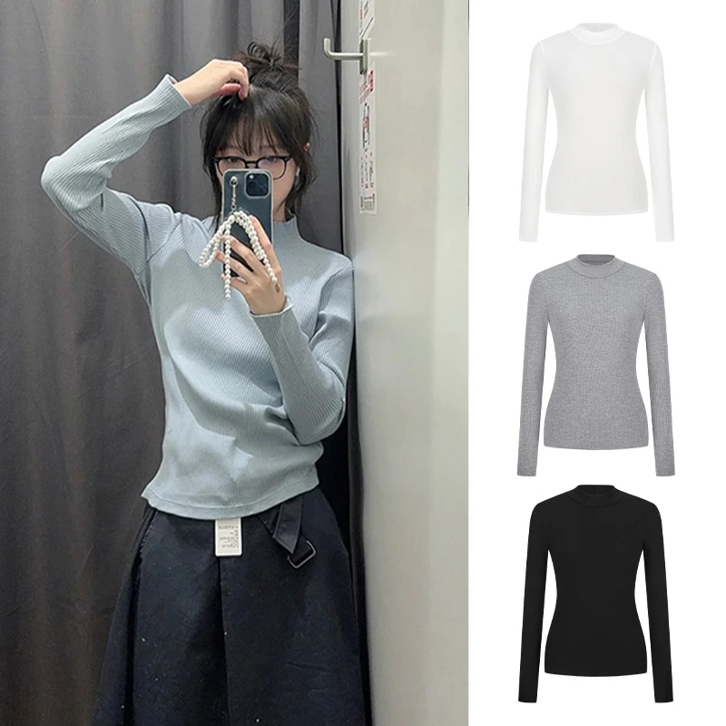 Moses Queen/魔西女王雾霾蓝半高领竖坑条针织衫修身保暖打底上衣