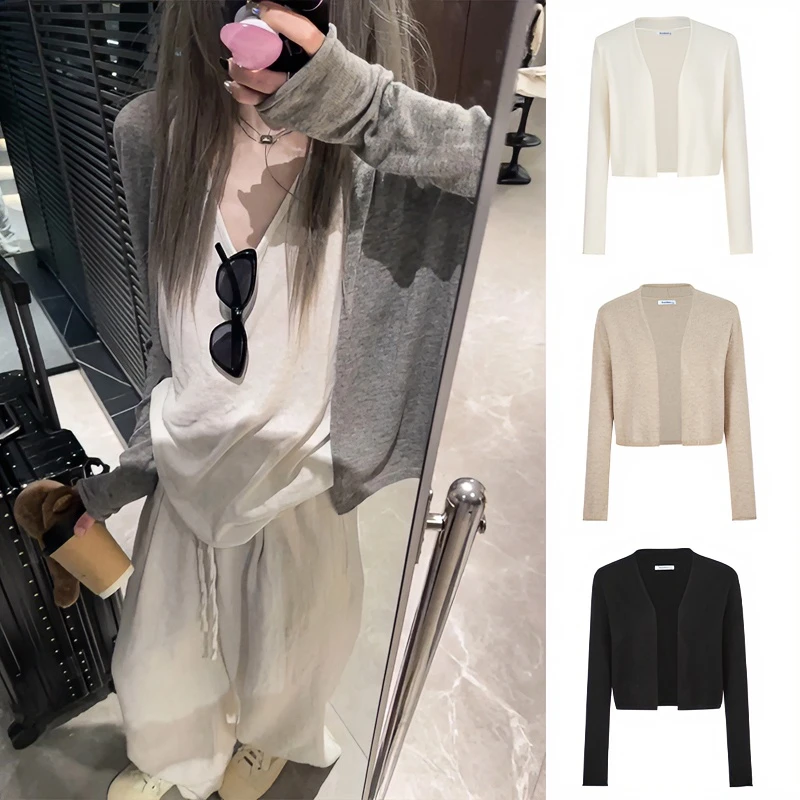 Moses Queen/魔西女王灰色针织开衫女春秋薄款慵懒感软糯坎肩外套