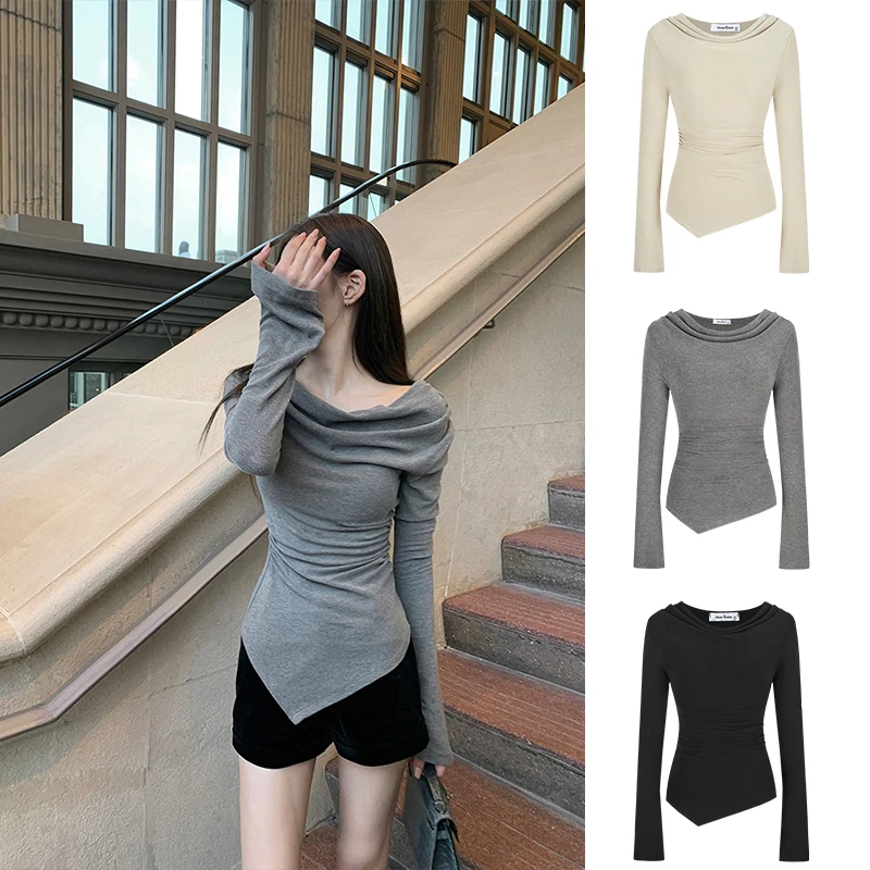 Moses Queen/魔西女王法式荡领收腰上衣女纯欲不规则一字肩打底衫