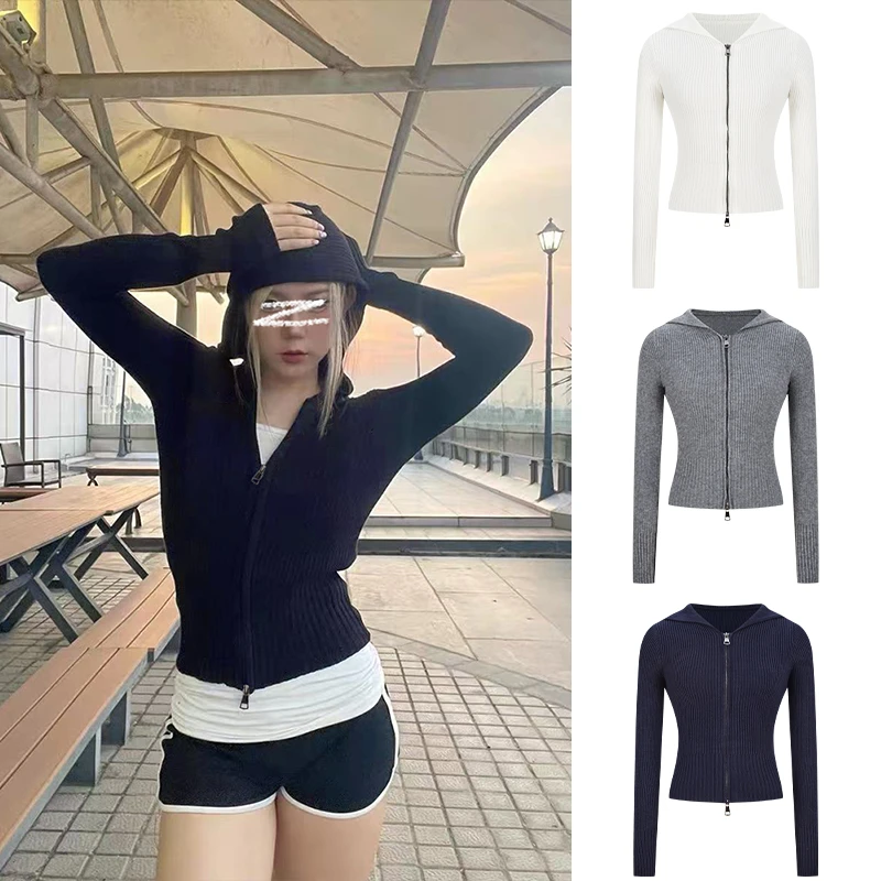 Moses Queen/魔西女王连帽双拉链修身显瘦针织开衫女短款百搭外套