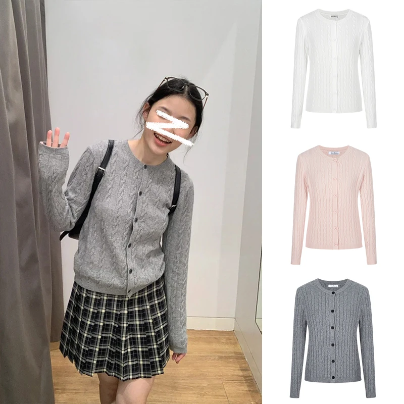 Moses Queen/魔西女王柔软麻花针织开衫女春秋百搭圆领毛衣外套