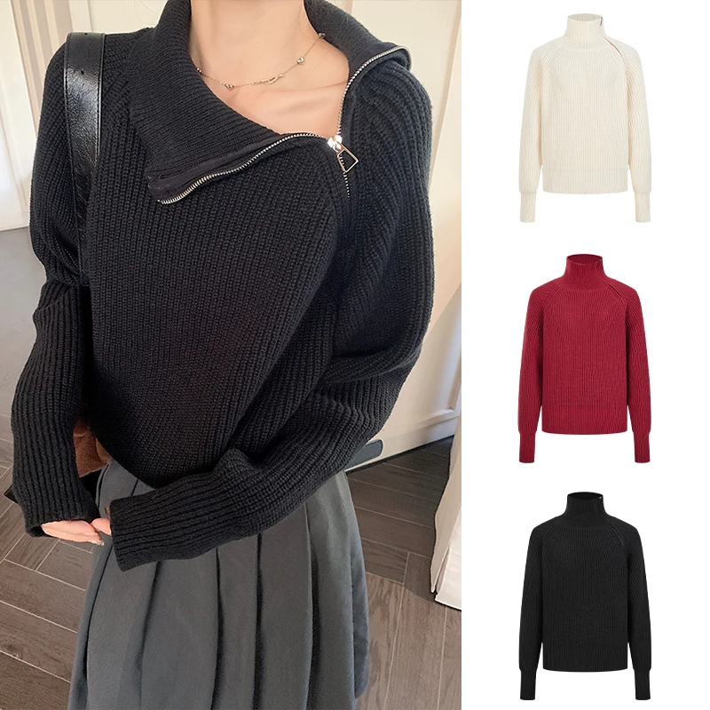 Moses Queen/魔西女王设计感立领不规则针织衫宽松短款显瘦上衣